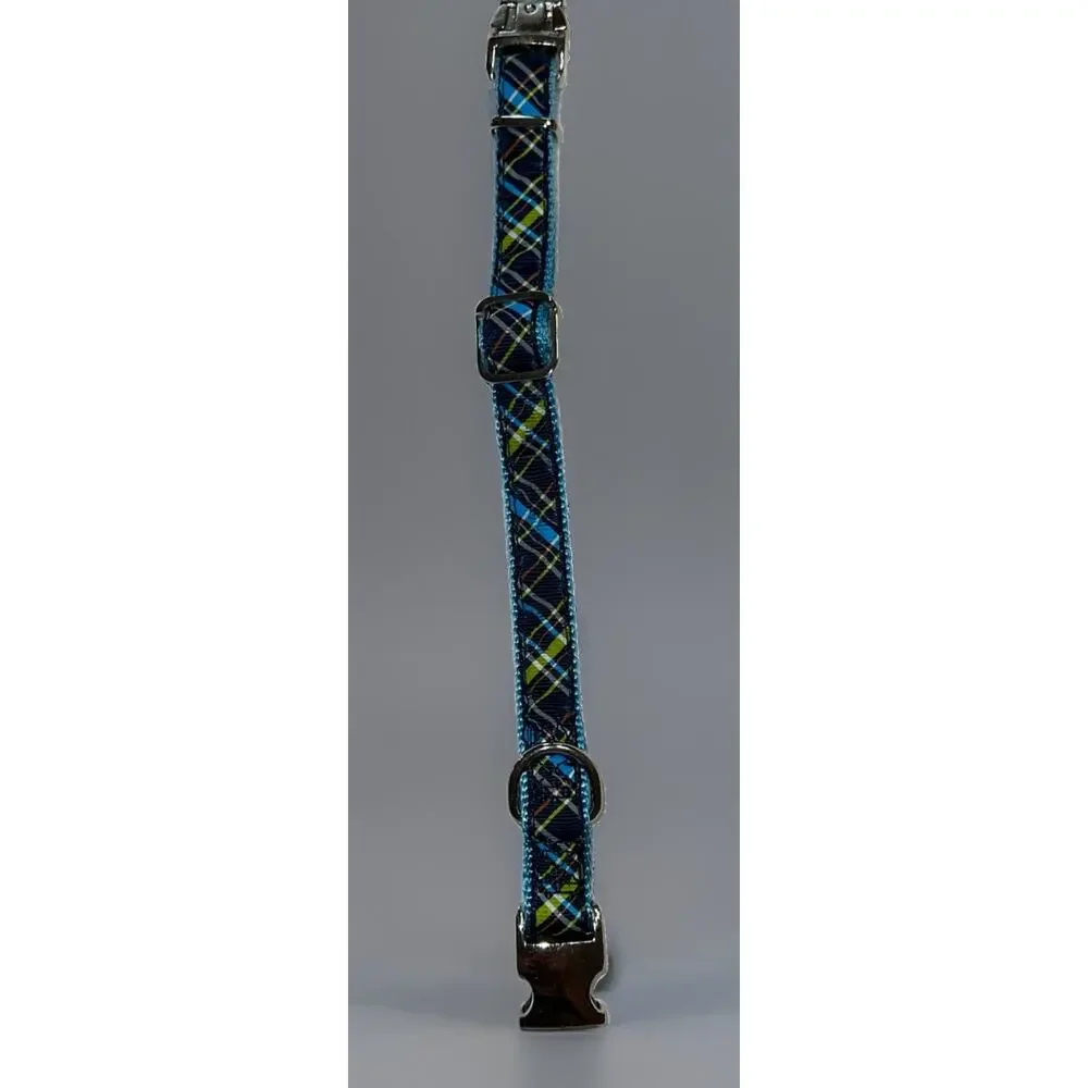 Dog Cat Collar Blue Plaid Adjustable ALU‑Max Metal Buckle 1/2in 9.5–12in Small